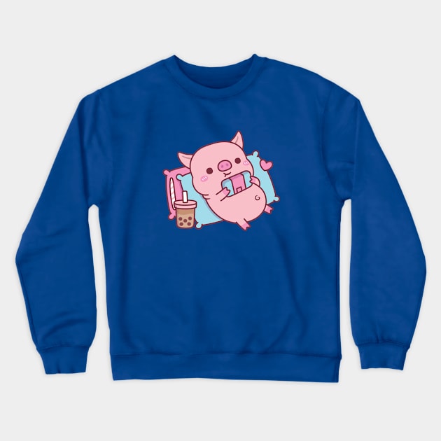 Cute Piggy Gamer Chilling With Video Games And Bubble Tea Crewneck Sweatshirt by rustydoodle